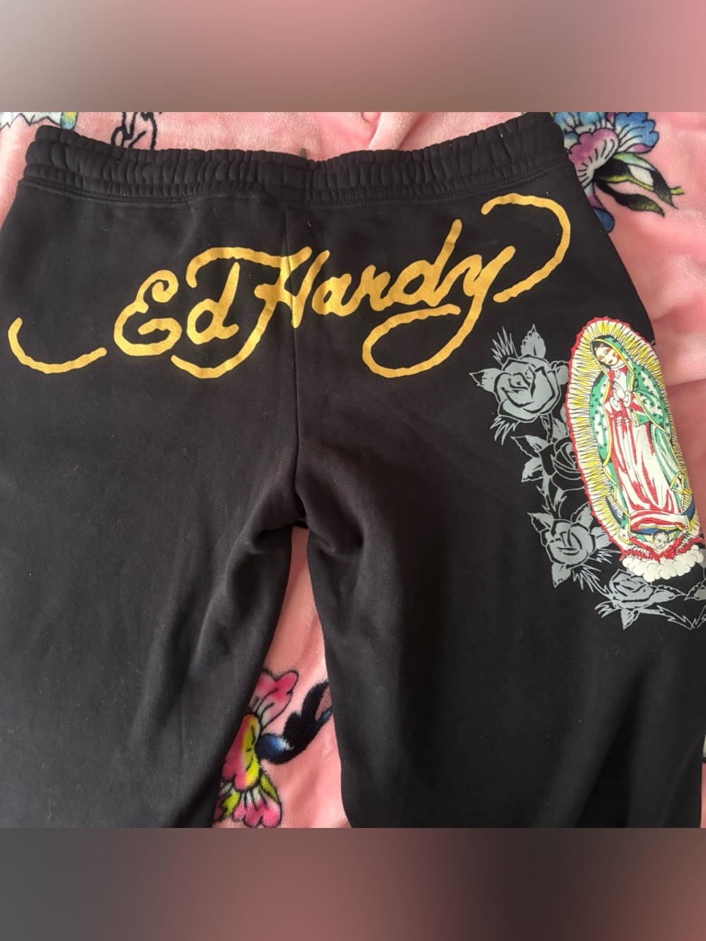 Ed Hardy Black Sweatpants with Yellow Script and Multi-Color Graphic - Picture 1 of 2